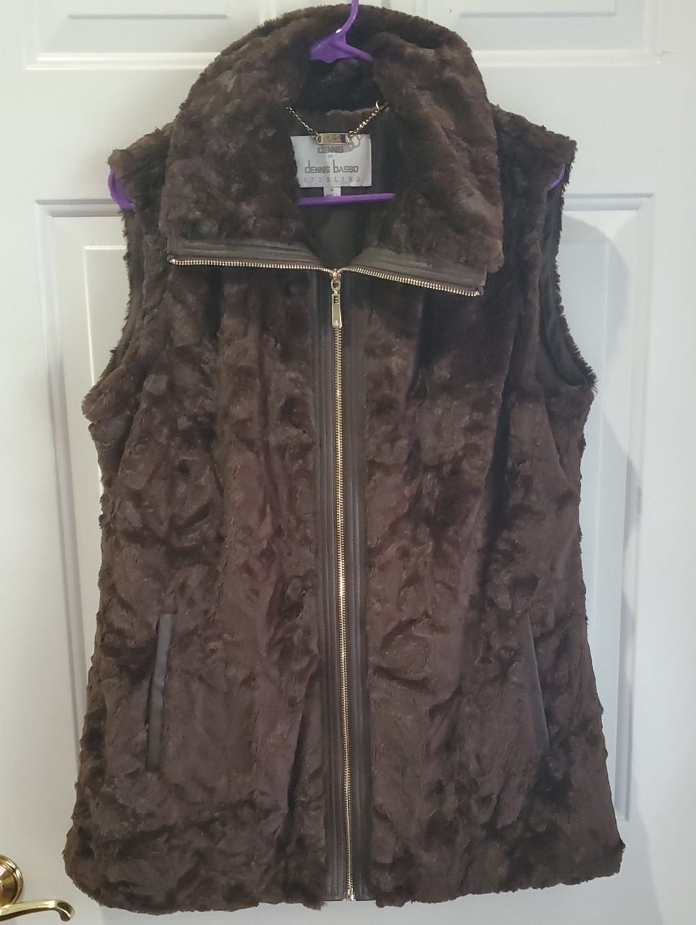 dennis basso Sterling Plush Faux Fur Zip-Front Vest in Chocolate Brown